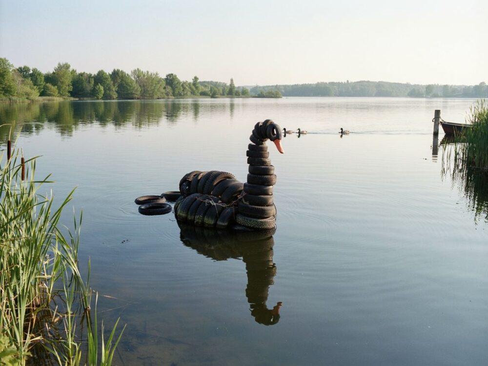Dekoracja ogrodowa z opony łabędź